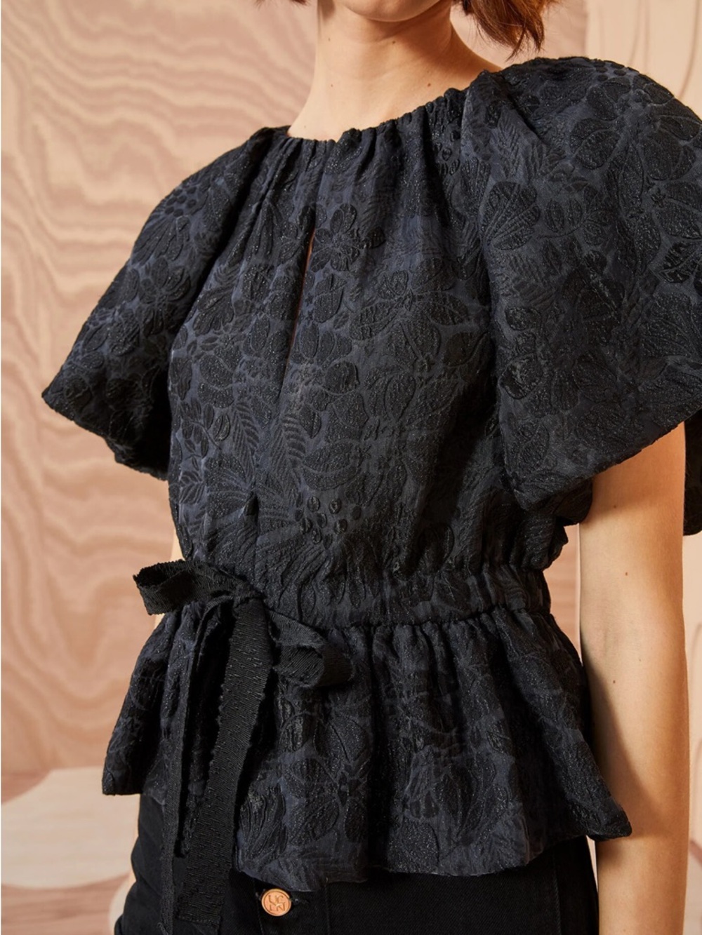 Ulla Johnson Mirabelle Black Textured Puff Sleeve Peplum Blouse